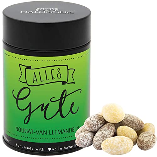 Hallingers Alles Gute - Nougat-schokolierte Vanille-Mandeln handgemacht - fix und fertig als Geschenk (Dose) - Muttertagsgeschenk & Geschenkideen zum Vatertag | Geburtstag Glückwunsch Danke Jahrestag von Hallingers Genuss Manufaktur