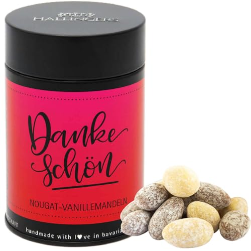 Hallingers Dankeschön - Nougat-schokolierte Vanille-Mandeln handgemacht - fix und fertig als Geschenk (Dose) - Muttertagsgeschenk & Geschenkideen zum Vatertag | Danke Jahrestag Neues Zuhause von Hallingers Genuss Manufaktur