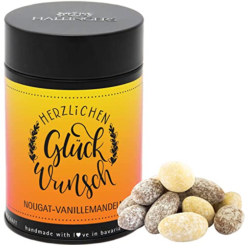 Hallingers Herzlichen Glückwunsch - Nougat-schokolierte Vanille-Mandeln handgemacht - fix und fertig als Geschenk (Dose) - Muttertagsgeschenk & Geschenkideen zum Vatertag | Geburtstag Glückwunsch Jahr von Hallingers Genuss Manufaktur