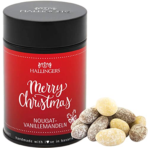 Hallingers Merry Christmas - Nougat-schokolierte Vanille-Mandeln handgemacht - fix und fertig als Geschenk (Dose) - Muttertagsgeschenk & Geschenkideen zum Vatertag | Glückwunsch Freundschaft Genesung von Hallingers Genuss Manufaktur