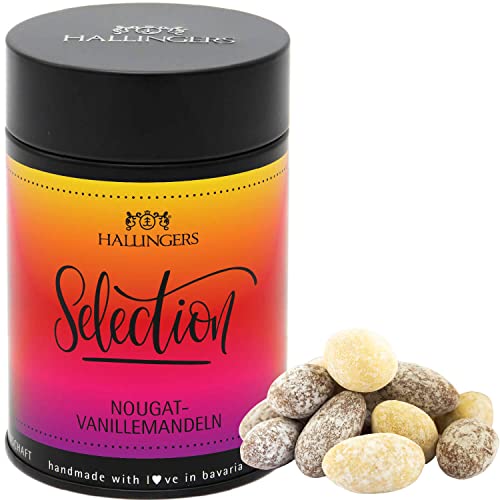 Hallingers Selection - Nougat - Nougat-schokolierte Vanille-Mandeln handgemacht - fix und fertig als Geschenk (Dose) - Muttertagsgeschenk & Geschenkideen zum Vatertag | Geburtstag Glückwunsch Danke Ja von Hallingers Genuss Manufaktur