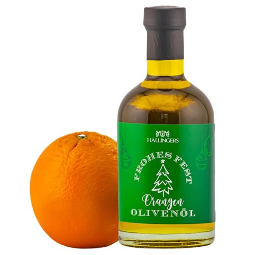 Hallingers Orangen Olivenöl Frohes Fest - Weihnachtlich fruchtig-natives Olivenöl mit Orange zu Weihnachten als Geschenk zur Weihnacht (Glas) - Muttertagsgeschenk & Geschenkideen zum Vatertag | Neues von Hallingers Genuss Manufaktur