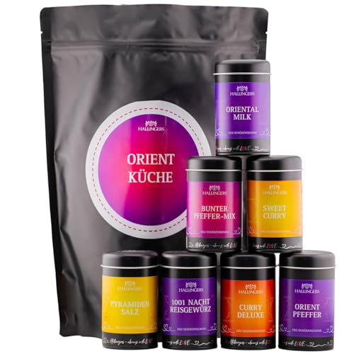 Hallingers Orientalische Küche - Wundertüte XXL Gourmet Gewürze Geschenkset mit 7 Aromadosen - Gewürzmischungen, Pfeffer & Salz (Set) - Muttertagsgeschenk & Geschenkideen zum Vatertag | Geburtstag Glü von Hallingers Genuss Manufaktur