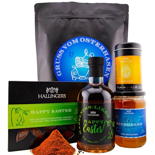 Hallingers Gruß vom Osterhasen - blue - Ostern Wundertüte XXL als Osterkörbchen, Ostertafel Biergelée Likör & Osterei Gewürz (Set) - Muttertagsgeschenk & Geschenkideen zum Vatertag | Glückwunsch Freun von Hallingers Genuss Manufaktur