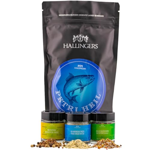 Hallingers Petri Heil - Fischer Wundertüte Geschenkset, mit Gewürz Pfeffer Salz in edler Tüte perfekt für Fischer (Set) - Muttertagsgeschenk & Geschenkideen zum Vatertag | Geburtstag Glückwunsch Neues von Hallingers Genuss Manufaktur