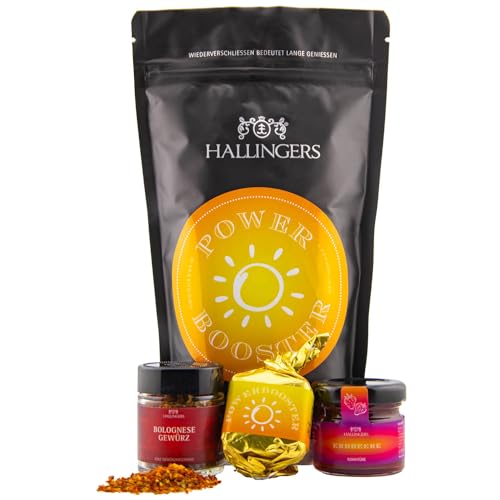 Hallingers Power Booster - Energie Wundertüte Geschenkset Nougat Busserl Bolognese Gewürz & Erdbeer Konfitüre für Power (Set) - Muttertagsgeschenk & Geschenkideen zum Vatertag | Geburtstag Glückwunsch von Hallingers Genuss Manufaktur