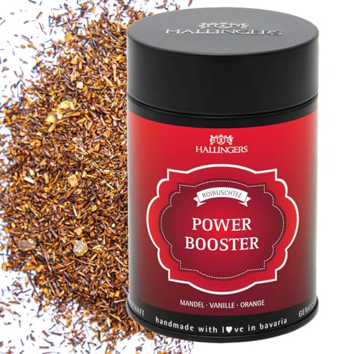 Hallingers Power Booster - Loser Roibusch-Tee/Rooibos mit Mandel, Vanille & Orange (Dose) - Muttertagsgeschenk & Geschenkideen zum Vatertag | Geburtstag Glückwunsch Genesung Jahrestag Freundschaft von Hallingers Genuss Manufaktur