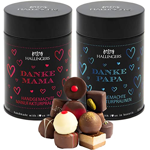 Hallingers 1x Danke Mama und 1x Danke Papa - Muttertagsgeschenk Pralinen Geschenk handmade ohne Alkohol aus Edelkakao zum Muttertag für Mama (Set) - Muttertagsgeschenk & Geschenkideen zum Vatertag | D Hallingers 1x Danke Mama und 1x Danke Papa - Muttertagsgeschenk Pralinen Geschenk handmade ohne Alkohol aus Edelkakao zum Muttertag für Mama (Set) - Muttertagsgeschenk & Geschenkideen zum Vatertag | D von Hallingers Genuss Manufaktur