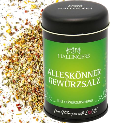 Hallingers Alleskönner Gewürzsalz - Premium Salz für Vorspeise, Gemüse & Fleisch (Dose) - Muttertagsgeschenk & Geschenkideen zum Vatertag | Neues Zuhause Jahrestag Genesung von Hallingers Genuss Manufaktur