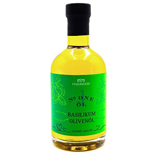 Hallingers Premium Speise-Öl No. 1 (350ml) - Natives Basilikum Olivenöl (Exklusivflasche) - Passt immer 2023, Grillen - Geschenk zu Weihnachten 2023 von Hallingers Genuss Manufaktur