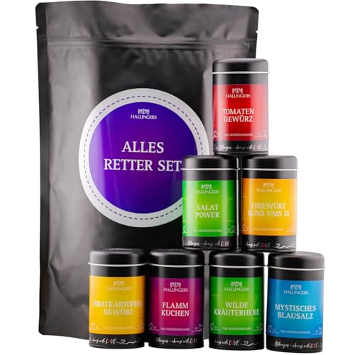 Hallingers Rettet alles Gewürzset - Wundertüte XXL Gourmet Gewürze Geschenkset mit 7 Aromadosen - Gewürzmischungen & Salz (Set) - Muttertagsgeschenk & Geschenkideen zum Vatertag | Geburtstag Glückwuns von Hallingers Genuss Manufaktur