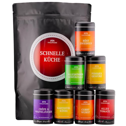 Hallingers Schnelle Küche - Wundertüte XXL Gourmet Gewürze Geschenkset mit 7 Aromadosen - Gewürzmischungen & Salz (Set) - Muttertagsgeschenk & Geschenkideen zum Vatertag | Geburtstag Glückwunsch Neues von Hallingers Genuss Manufaktur