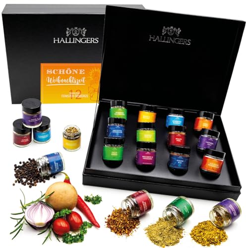 Hallingers Schöne Weihnachtszeit - Zu Weihnachten 12 Gewürze Geschenkset, Geschenkbox Gewürze, Gewürze Geschenkset (Set) - Muttertagsgeschenk & Geschenkideen zum Vatertag | Neues Zuhause Glückwünsche von Hallingers Genuss Manufaktur