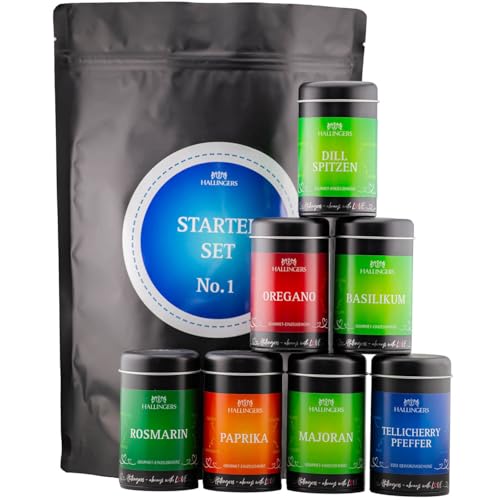 Hallingers Starter Set No. 1 - Wundertüte XXL Gourmet Gewürze Geschenkset mit 7 Aromadosen - Basisgewürze & Pfeffer für die Küche (Set) - Muttertagsgeschenk & Geschenkideen zum Vatertag | Geburtstag G von Hallingers Genuss Manufaktur