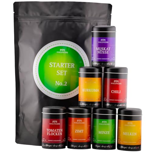 Hallingers Starter Set No. 2 - Wundertüte XXL Gourmet Gewürze Geschenkset mit 7 Aromadosen - Basisgewürze für die Küche (Set) - Muttertagsgeschenk & Geschenkideen zum Vatertag | Geburtstag Glückwunsch von Hallingers Genuss Manufaktur