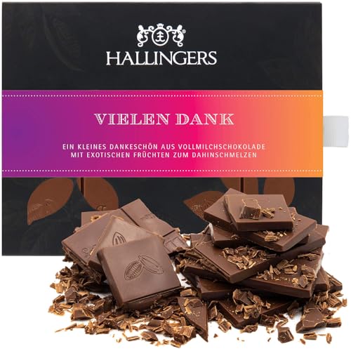 Hallingers Vielen Dank - Vollmilch Edel-Schokolade mit Mango & Vanille, handmade (Box) - Muttertagsgeschenk & Geschenkideen zum Vatertag | Jahrestag Danke Neues Zuhause von Hallingers Genuss Manufaktur