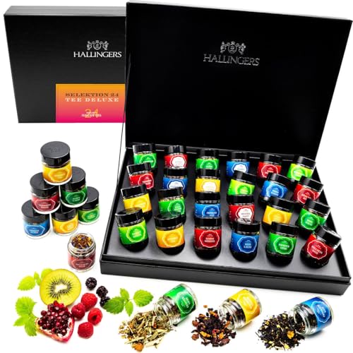 Hallingers Tee Deluxe Selektion 24 - No. 1-24 Sorten Tee Geschenkset, vegan & glutenfrei in Schraubgläsern (Set) - Ostergeschenke Osterkörbchen Ostereier & als Osterdeko | Geburtstag Glückwunsch Gen von Hallingers Genuss Manufaktur
