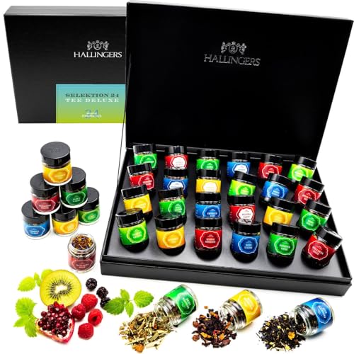 Hallingers Tee Deluxe Selektion 24 - No. 2-24 Sorten Tee Geschenkset, vegan & glutenfrei in Schraubgläsern (Set) - Ostergeschenke Osterkörbchen Ostereier & als Osterdeko | Geburtstag Glückwunsch Gen von Hallingers Genuss Manufaktur