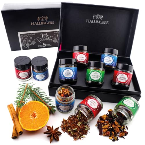 Hallingers Frohe Weihnachten WHITE - 5 Sorten Tee Geschenkset mit Box vegan, zu Weihnachten in Schraubgläsern (Set) - Muttertagsgeschenk & Geschenkideen zum Vatertag | Genesung Silvester Freundschaft von Hallingers Genuss Manufaktur