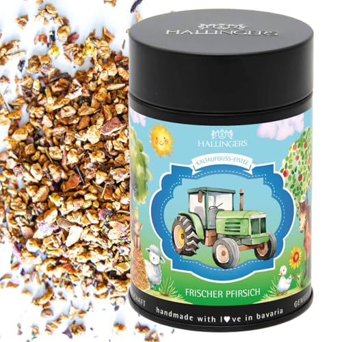 Hallingers Traktor Eistee - Loser Cold Brew Früchtetee Eistee für Jungen & Kinder kalt & warm aufgießbar Pfirsich (Dose) - Muttertagsgeschenk & Geschenkideen zum Vatertag | Geburtstag Glückwunsch Gene von Hallingers Genuss Manufaktur