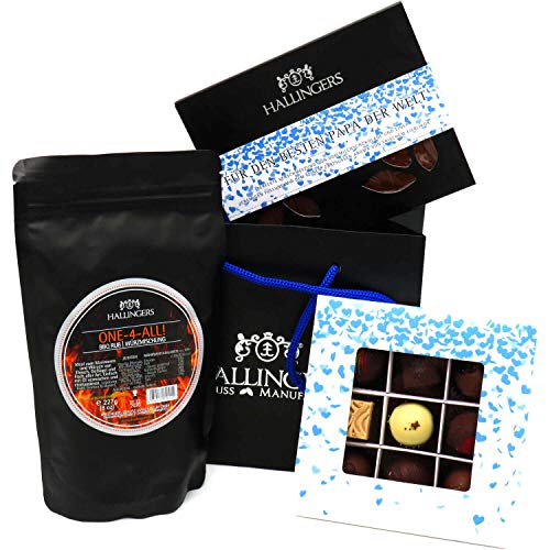 Hallingers Vatertag Bag Blue - Vatertagsgeschenk Geschenk Set Schokolade Pralinen & Gewürze Rub zum Vatertag für Papa Opa (Set) - Muttertagsgeschenk & Geschenkideen zum Vatertag | Danke Jahrestag Gene von Hallingers Genuss Manufaktur