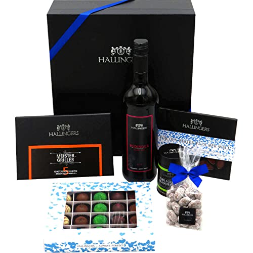 Hallingers Vatertag Big Box Blue - Vatertagsgeschenk Geschenk Set Schokolade Pralinen Wein Gewürze & Nougat zum Vatertag für Papa (Set) - Ostergeschenke Osterkörbchen Ostereier & als Osterdeko | Danke von Hallingers Genuss Manufaktur