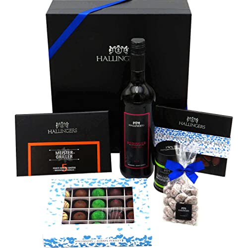 Hallingers Vatertag Big Box Blue - Vatertagsgeschenk Geschenk Set Schokolade Pralinen Wein Gewürze & Nougat zum Vatertag für Papa (Set) - Muttertagsgeschenk & Geschenkideen zum Vatertag | Danke Jahres von Hallingers Genuss Manufaktur