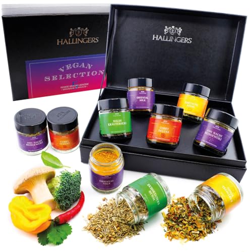 Hallingers Vegan Selection - 5 vegane Gewürze vegetarisch Set Geschenkset handmade fünf Gewürzgläser in Gewürz Organizer (Set) - Muttertagsgeschenk & Geschenkideen zum Vatertag | Geburtstag Glückwunsc von Hallingers Genuss Manufaktur