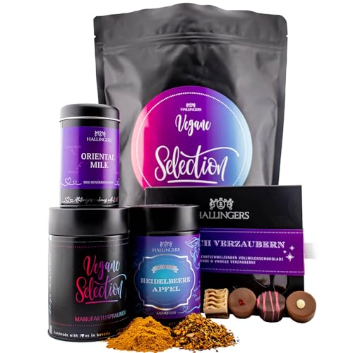 Hallingers Vegan Selection XXL - Vegane Wundertüte XXL für Veganer mit Gewürz, Pralinen, Coldbrew Tee & Tafel Schokolade (Set) - Ostergeschenke Osterkörbchen Ostereier & als Osterdeko | Geburtstag Glü von Hallingers Genuss Manufaktur