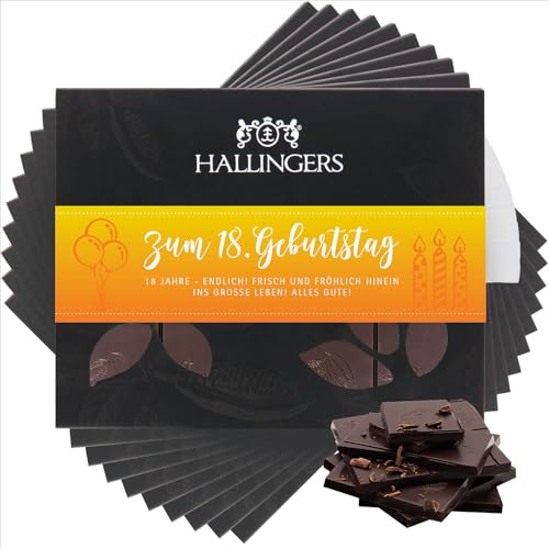 Hallingers 10x Zum 18. Geburtstag - Vegane Schokolade Zartbitter-Edelkakao 85% pur - handmade, alkoholfrei (Box) - Muttertagsgeschenk & Geschenkideen zum Vatertag | Geburtstag Glückwunsch Jahrestag Gl von Hallingers Genuss Manufaktur