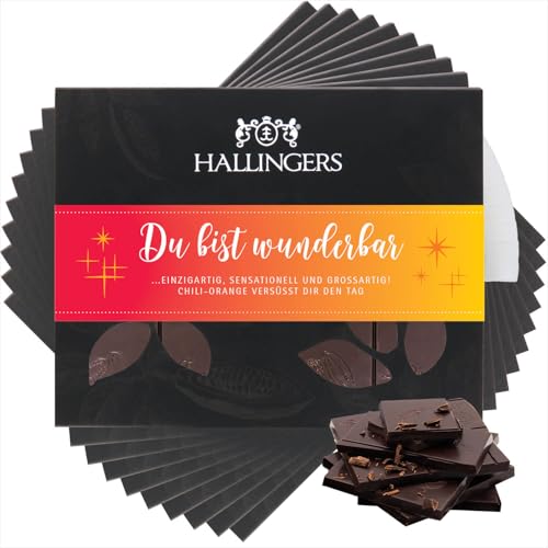 Hallingers 10x Du bist wunderbar - Vegane Schokolade Zartbitter-Edelkakao Orange & Chili - handmade, alkoholfrei (Box) - Muttertagsgeschenk & Geschenkideen zum Vatertag | Geburtstag Glückwunsch Jahres von Hallingers Genuss Manufaktur
