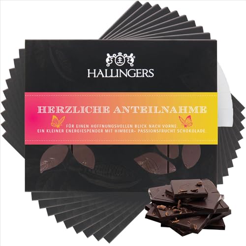 Hallingers 10x Herzliche Anteilnahme - Vegane Schokolade Zartbitter-Edelkakao Himbeere & Maracuja - handmade, alkoholfrei (Box) - Muttertagsgeschenk & Geschenkideen zum Vatertag | Geburtstag Glückwuns von Hallingers Genuss Manufaktur