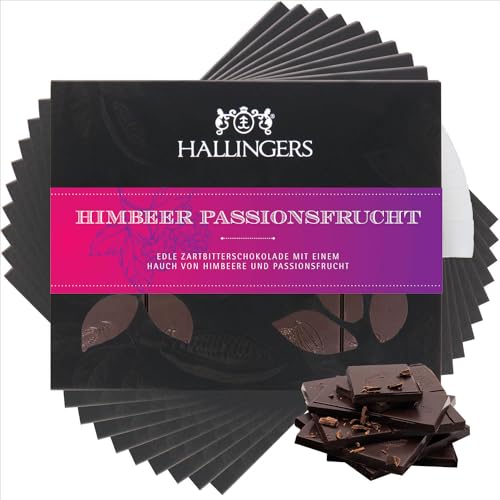 Hallingers 10x Himbeer-Passionsfrucht - Vegane Schokolade Zartbitter-Edelkakao Himbeere & Maracuja - handmade, alkoholfrei (Box) - Muttertagsgeschenk & Geschenkideen zum Vatertag | Geburtstag Glückwun von Hallingers Genuss Manufaktur