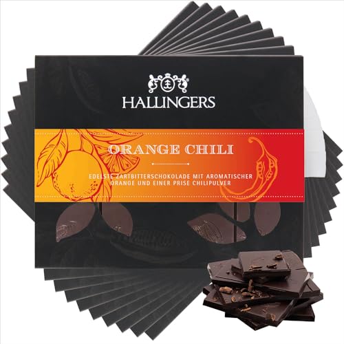Hallingers 10x Orange-Chili - Vegane Schokolade Zartbitter-Edelkakao Orange & Chili - handmade, alkoholfrei (Box) - Muttertagsgeschenk & Geschenkideen zum Vatertag | Geburtstag Glückwunsch Jahrestag F von Hallingers Genuss Manufaktur