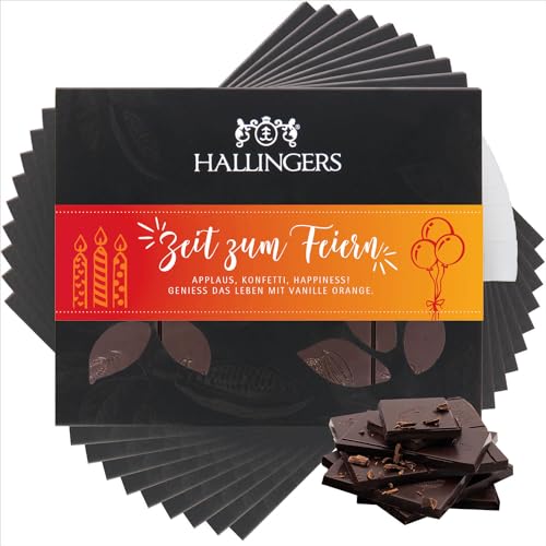 Hallingers 10x Zeit zum Feiern - Vegane Schokolade Zartbitter-Edelkakao Vanille & Orange - handmade, alkoholfrei (Box) - Muttertagsgeschenk & Geschenkideen zum Vatertag | Geburtstag Glückwunsch Jahres von Hallingers Genuss Manufaktur