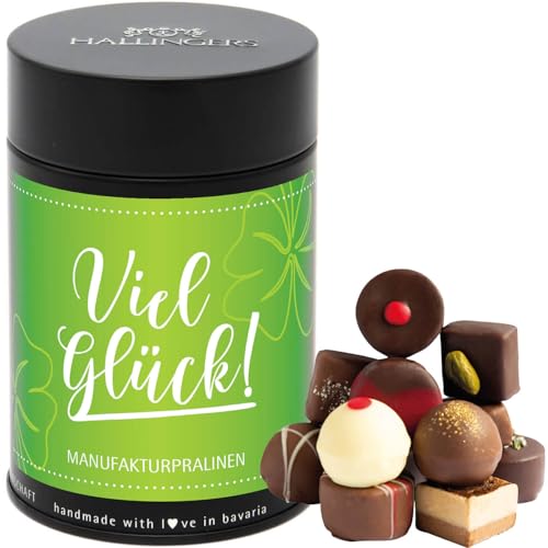 Hallingers Viel Glück - Manufaktur Pralinen Geschenk handmade ohne Alkohol aus Edelkakao Schokolade (Dose) - Muttertagsgeschenk & Geschenkideen zum Vatertag | Geburtstag Glückwunsch Danke Jahrestag Ne von Hallingers Genuss Manufaktur