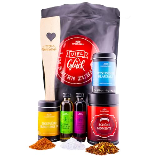 Hallingers Viel Glück im neuen Zuhause XXL - Glückwünsche Wundertüte XXL Geschenkset Olivenöl Essig Ei Gewürz Salz Tee & Pfannenwender (Set) - Muttertagsgeschenk & Geschenkideen zum Vatertag | Geburts von Hallingers Genuss Manufaktur