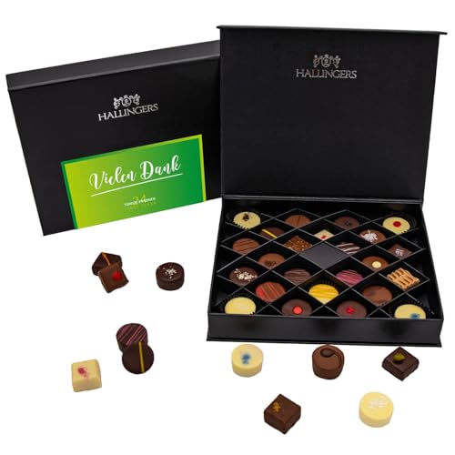 Hallingers Vielen Dank - 24 Manufaktur Pralinen Geschenk edle FirstClass handmade ohne Alkohol aus Edelkakao Schokolade (Box) - Muttertagsgeschenk & Geschenkideen zum Vatertag | Geburtstag Glückwunsch von Hallingers Genuss Manufaktur