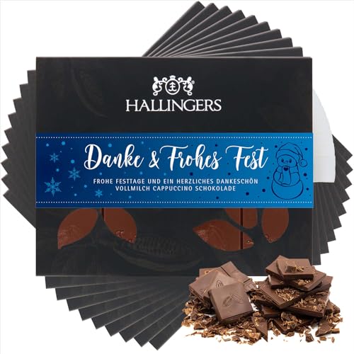 Hallingers 10x Danke & Frohes Fest - Vollmilch Edel-Schokolade mit Cappuccino - handmade, alkoholfrei (Box) - Muttertagsgeschenk & Geschenkideen zum Vatertag | Glückwunsch Danke Freundschaft Genesung von Hallingers Genuss Manufaktur
