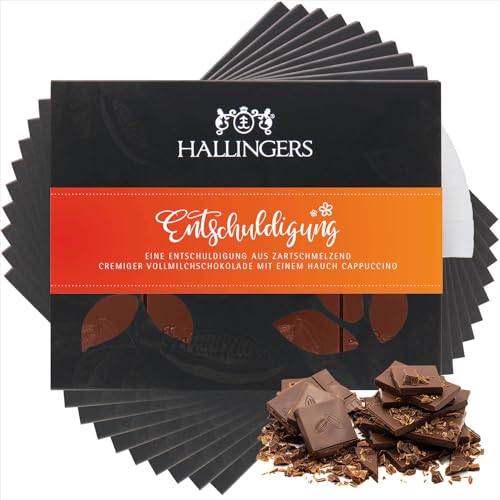 Hallingers 10x Entschuldigung - Vollmilch Edel-Schokolade mit Cappuccino - handmade, alkoholfrei (Box) - Muttertagsgeschenk & Geschenkideen zum Vatertag | Geburtstag Glückwunsch Jahrestag Freundschaft von Hallingers Genuss Manufaktur