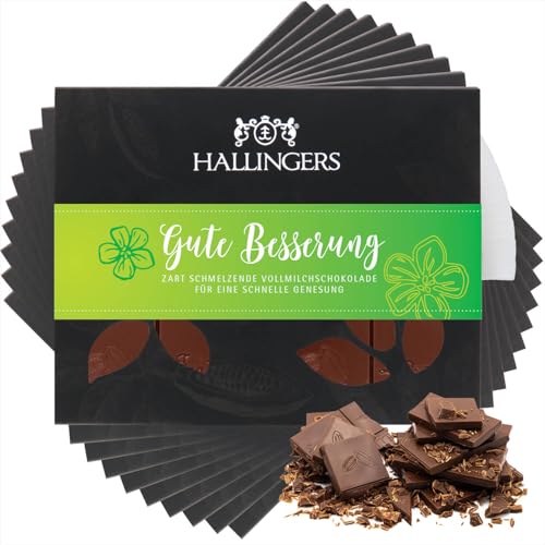 Hallingers 10x Gute Besserung Green - Vollmilch Edel-Schokolade Pur - handmade, alkoholfrei (Box) - Muttertagsgeschenk & Geschenkideen zum Vatertag | Geburtstag Glückwunsch Jahrestag Freundschaft Gene von Hallingers Genuss Manufaktur