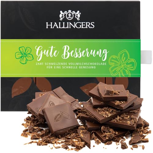 Hallingers Gute Besserung Green - Vollmilch Edel-Schokolade Pur - handmade, alkoholfrei (Box) - Muttertagsgeschenk & Geschenkideen zum Vatertag | Jahrestag Neues Zuhause Genesung von Hallingers Genuss Manufaktur