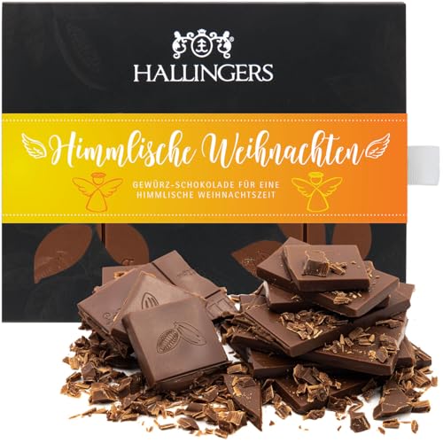 Hallingers Himmlische Weihnachten - Vollmilch Edel-Schokolade mit Weihnachts-Gewürzen - handmade, alkoholfrei (Box) - Muttertagsgeschenk & Geschenkideen zum Vatertag | Glückwunsch Danke Freundschaft G von Hallingers Genuss Manufaktur