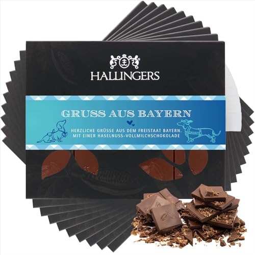 Hallingers 10x Gruß aus Bayern - Vollmilch Edel-Schokolade mit Haselnuss-Nougat - handmade, alkoholfrei (Box) - Muttertagsgeschenk & Geschenkideen zum Vatertag | Geburtstag Glückwunsch Jahrestag Genes von Hallingers Genuss Manufaktur