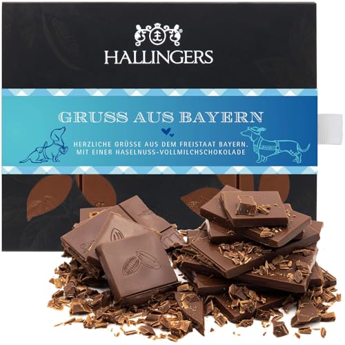 Hallingers Gruß aus Bayern - Vollmilch Edel-Schokolade mit Haselnuss-Nougat - handmade, alkoholfrei (Box) - Muttertagsgeschenk & Geschenkideen zum Vatertag | Geburtstag Glückwunsch Jahrestag Genesung von Hallingers Genuss Manufaktur