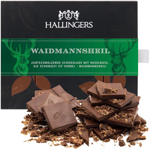 Hallingers Waidmannsheil - Vollmilch Edel-Schokolade mit Haselnuss-Nougat, handmade (Box) - Muttertagsgeschenk & Geschenkideen zum Vatertag | Geburtstag Glückwunsch Jahrestag Neues Zuhause Genesung von Hallingers Genuss Manufaktur