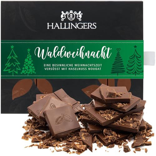 Hallingers Waldweihnacht - Vollmilch Edel-Schokolade mit Haselnuss-Nougat - handmade, alkoholfrei (Box) - Muttertagsgeschenk & Geschenkideen zum Vatertag | Glückwunsch Danke Freundschaft Genesung von Hallingers Genuss Manufaktur