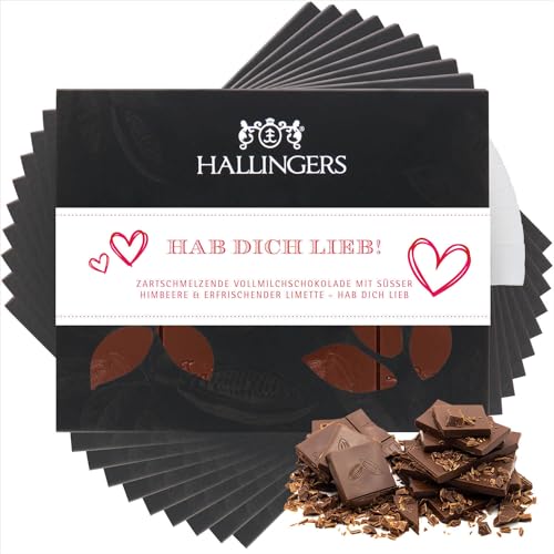 Hallingers 10x Hab Dich lieb - Vollmilch Edel-Schokolade mit Himbeere & Limette, handmade (Box) - Muttertagsgeschenk & Geschenkideen zum Vatertag | Hochzeit Glückwunsch Jahrestag Genesung von Hallingers Genuss Manufaktur