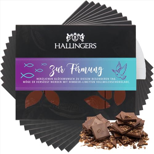 Hallingers 10x Zur Firmung - Vollmilch Edel-Schokolade mit Himbeere & Limette - handmade, alkoholfrei (Box) - Muttertagsgeschenk & Geschenkideen zum Vatertag | Geburtstag Glückwunsch Jahrestag Freunds von Hallingers Genuss Manufaktur
