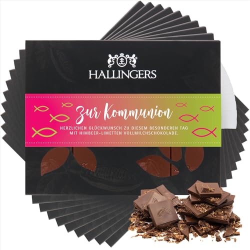 Hallingers 10x Zur Kommunion - Vollmilch Edel-Schokolade mit Himbeere & Limette - handmade, alkoholfrei (Box) - Muttertagsgeschenk & Geschenkideen zum Vatertag | Geburtstag Glückwunsch Jahrestag Freun von Hallingers Genuss Manufaktur